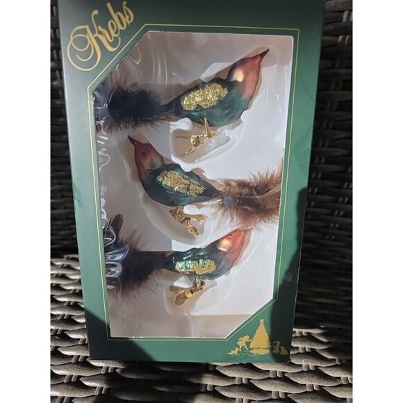 Krebs 3 Hand Blown Glass Bird Christmas Tree Ornaments Red Green Birds New - Picture 2 of 3